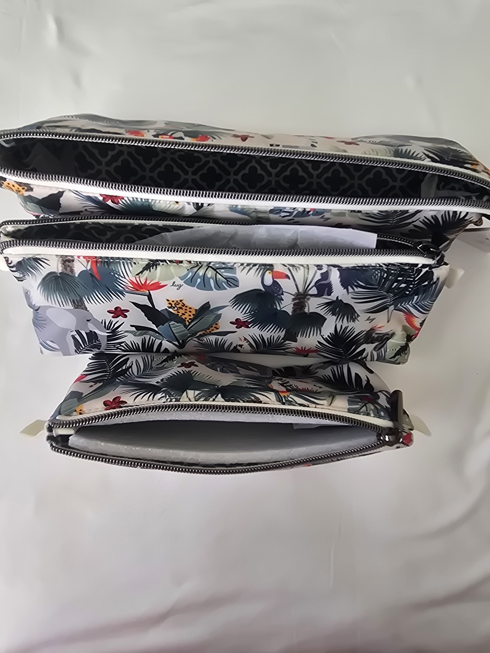 Tropical Print 3 Piece Cosmetic Pouch Set - Wildlife Cream
